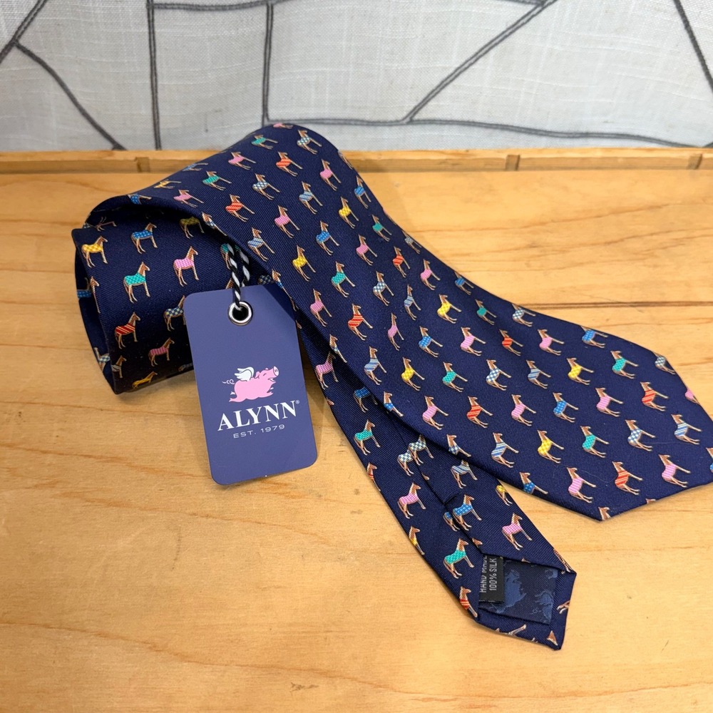 Alynn Silk Necktie One Size Navy Blue Horse Blankets Equestrian Print NWT